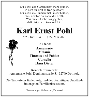 Anzeige  Karl Ernst Pohl  Lippische Landes-Zeitung