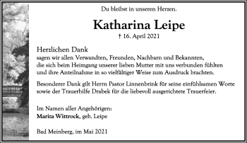 Anzeige  Katharina Leipe  Lippische Landes-Zeitung