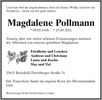 Anzeige  Magdalene Pollmann  Lippische Landes-Zeitung