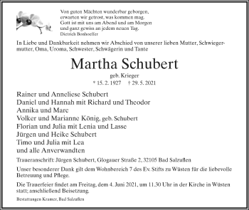 Anzeige  Martha Schubert  Lippische Landes-Zeitung