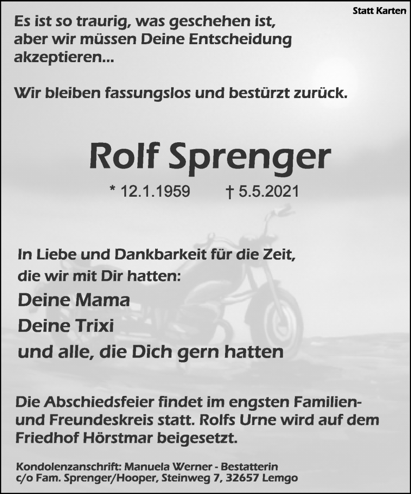  Traueranzeige für Rolf Sprenger vom 15.05.2021 aus Lippische Landes-Zeitung