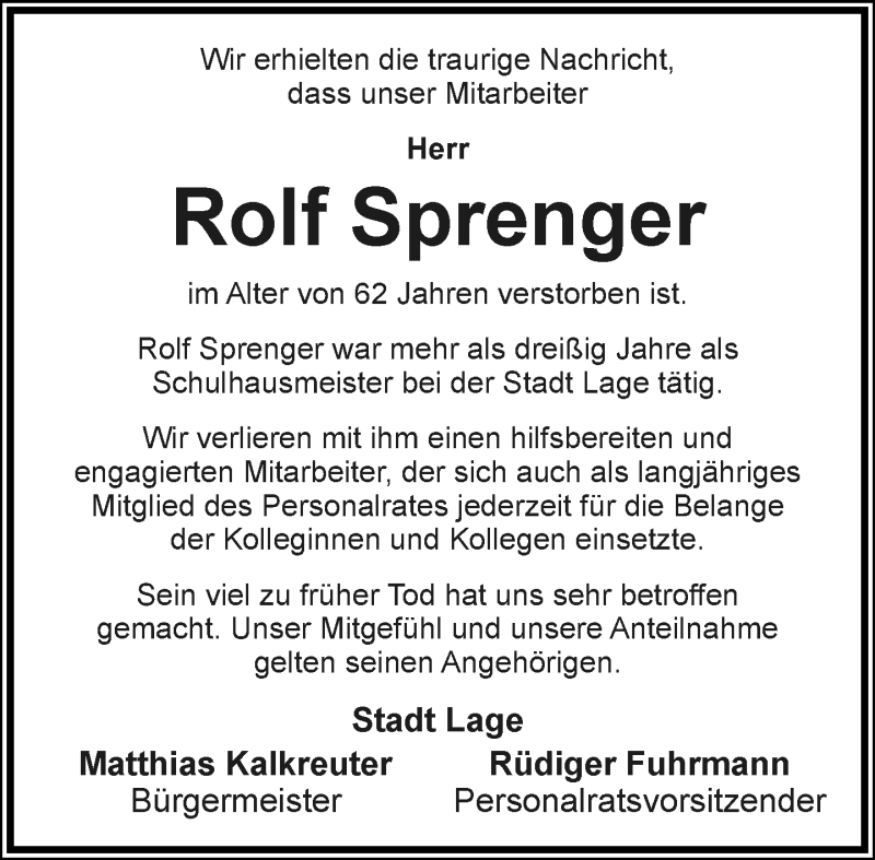  Traueranzeige für Rolf Sprenger vom 22.05.2021 aus Lippische Landes-Zeitung