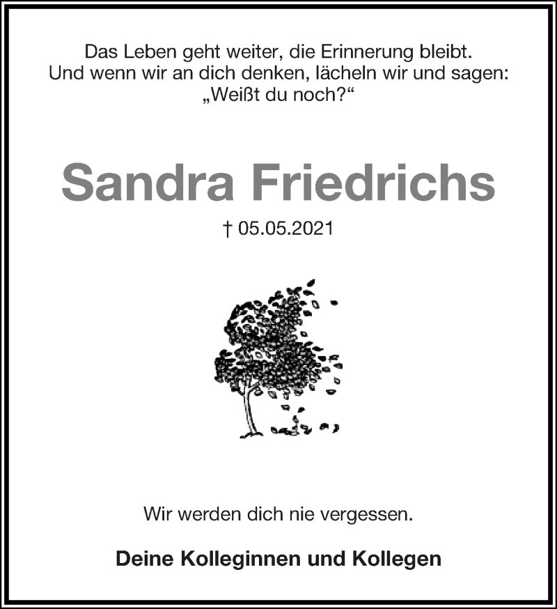  Traueranzeige für Sandra  Friedrichs vom 29.05.2021 aus Lippische Landes-Zeitung