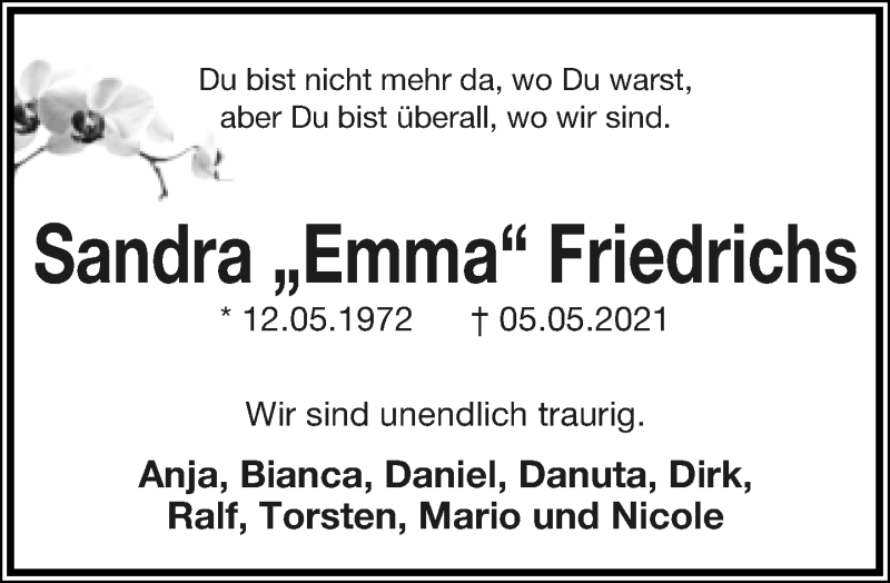  Traueranzeige für Sandra  Friedrichs vom 15.05.2021 aus Lippische Landes-Zeitung