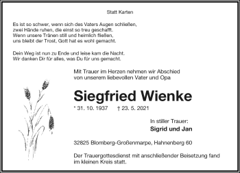 Anzeige  Siegfried Wienke  Lippische Landes-Zeitung