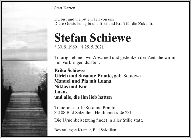  Traueranzeige für Stefan Schiewe vom 29.05.2021 aus Lippische Landes-Zeitung