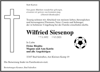 Anzeige  Wilfried Siesenop  Lippische Landes-Zeitung