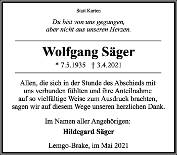 Anzeige  Wolfgang Säger  Lippische Landes-Zeitung