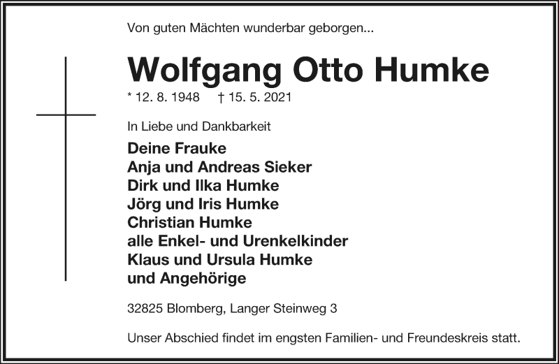  Traueranzeige für Wolfgang Otto Humke vom 22.05.2021 aus Lippische Landes-Zeitung