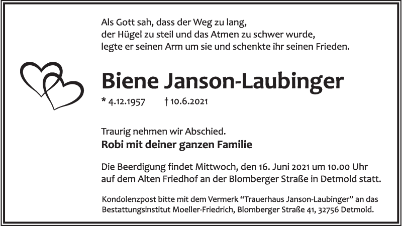  Traueranzeige für Biene Janson-Laubinger  vom 12.06.2021 aus Lippische Landes-Zeitung