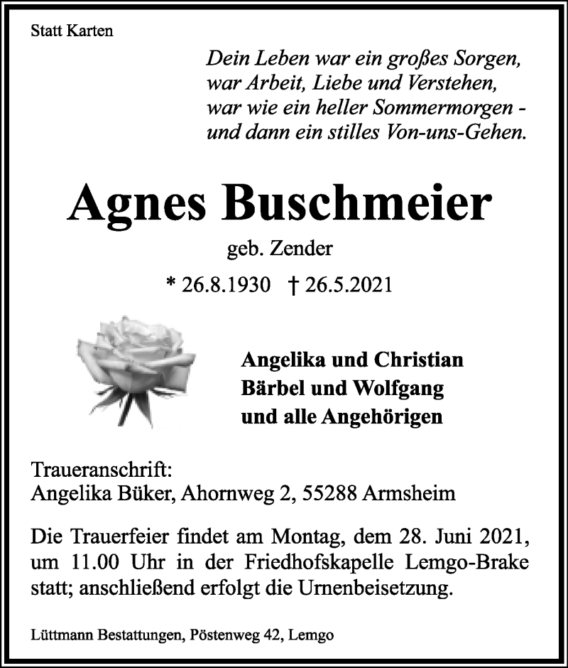  Traueranzeige für Agnes Buschmeier vom 12.06.2021 aus Lippische Landes-Zeitung