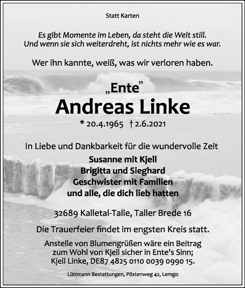  Traueranzeige für Andreas Linke vom 12.06.2021 aus Lippische Landes-Zeitung