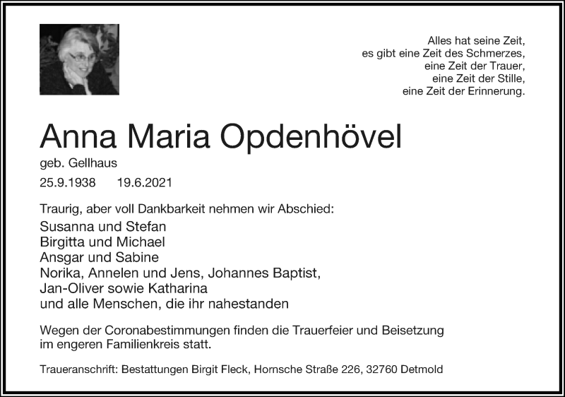  Traueranzeige für Anna Maria Opdenhövel vom 26.06.2021 aus Lippische Landes-Zeitung