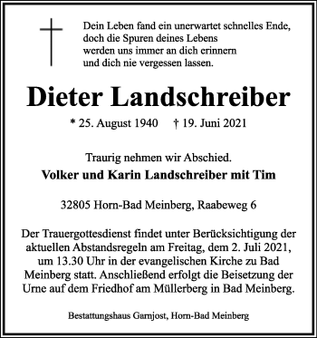 Anzeige  Dieter Landschreiber  Lippische Landes-Zeitung