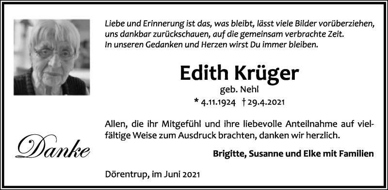  Traueranzeige für Edith Krüger vom 05.06.2021 aus Lippische Landes-Zeitung