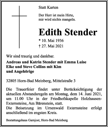 Anzeige  Edith Stender  Lippische Landes-Zeitung