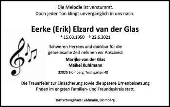 Anzeige  Eerke Elzard van der Glas  Lippische Landes-Zeitung
