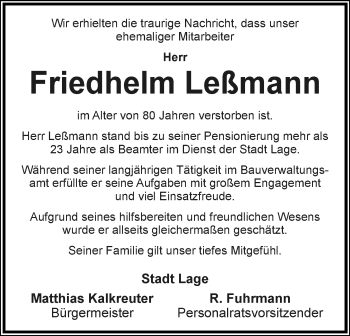 Anzeige  Friedhelm Leßmann  Lippische Landes-Zeitung