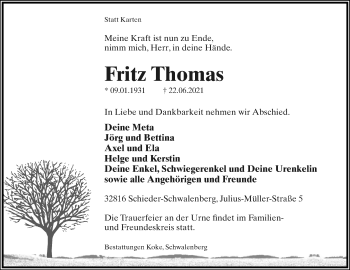 Anzeige  Fritz Thomas  Lippische Landes-Zeitung
