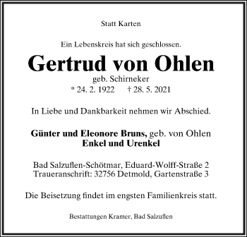 Anzeige  Gertrud von Ohlen  Lippische Landes-Zeitung