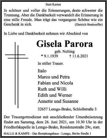 Anzeige  Gisela Parora  Lippische Landes-Zeitung