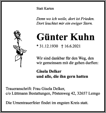 Anzeige  Günter Kuhn  Lippische Landes-Zeitung