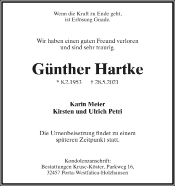 Anzeige  Günther Hartke  Lippische Landes-Zeitung