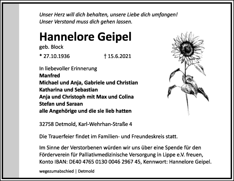  Traueranzeige für Hannelore Geipel vom 19.06.2021 aus Lippische Landes-Zeitung