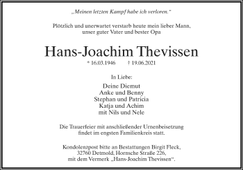 Anzeige  Hans-Joachim Thevissen  Lippische Landes-Zeitung