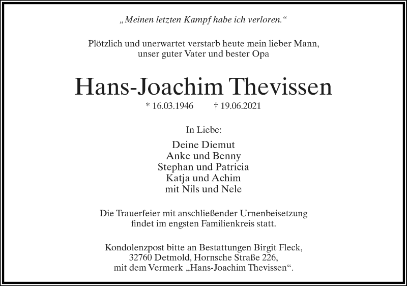  Traueranzeige für Hans-Joachim Thevissen vom 26.06.2021 aus Lippische Landes-Zeitung