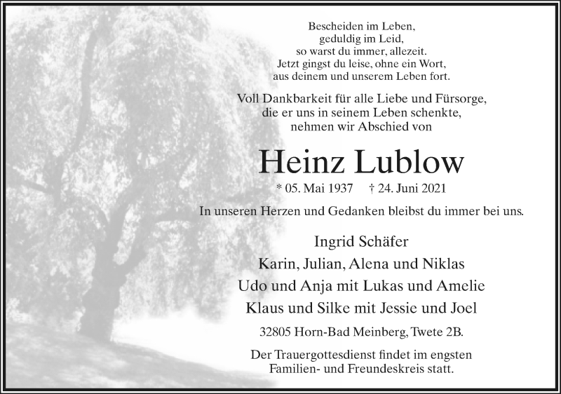  Traueranzeige für Heinz Lublow vom 26.06.2021 aus Lippische Landes-Zeitung