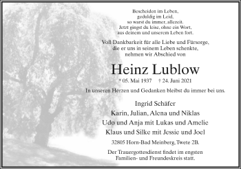 Anzeige  Heinz Lublow  Lippische Landes-Zeitung