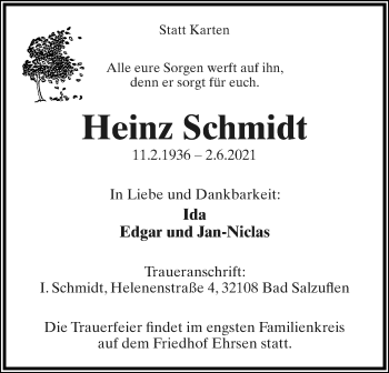 Anzeige  Heinz Schmidt  Lippische Landes-Zeitung