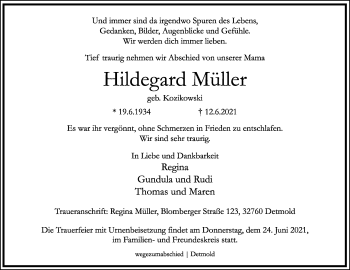 Anzeige  Hildegard Müller  Lippische Landes-Zeitung