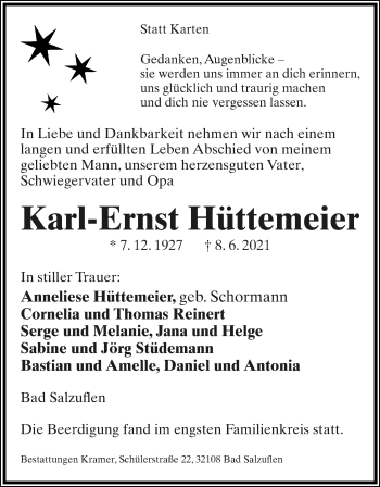 Anzeige  Karl-Ernst Hüttemeier  Lippische Landes-Zeitung