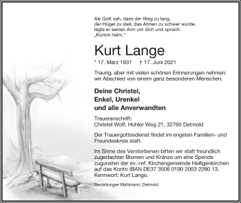 Anzeige  Kurt Lange  Lippische Landes-Zeitung