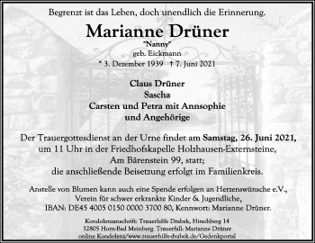 Anzeige  Marianne Drüner  Lippische Landes-Zeitung
