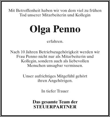 Anzeige  Olga Penno  Lippische Landes-Zeitung