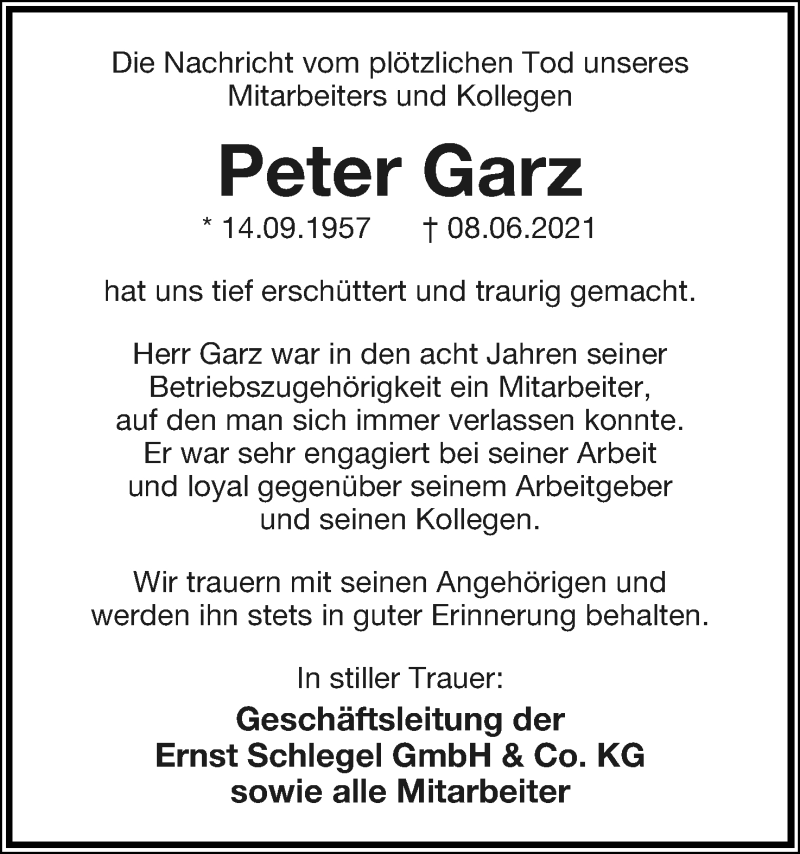  Traueranzeige für Peter Garz vom 19.06.2021 aus Lippische Landes-Zeitung