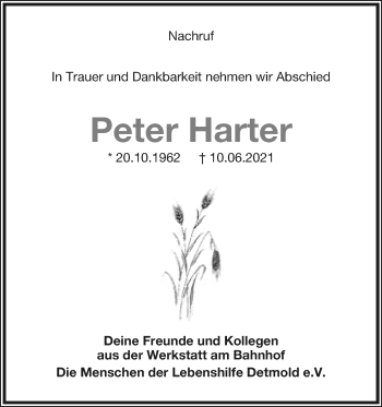Anzeige  Peter Harter  Lippische Landes-Zeitung