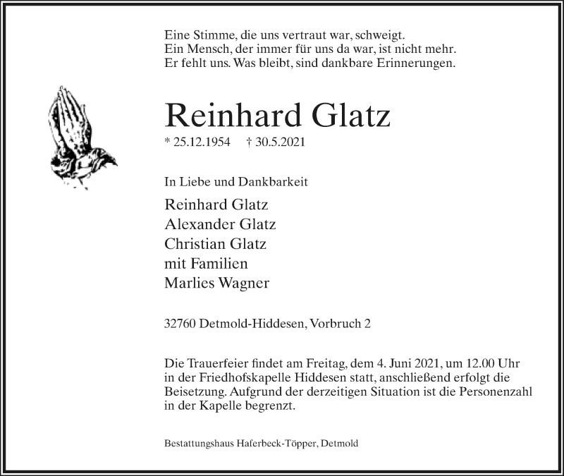  Traueranzeige für Reinhard Glatz vom 02.06.2021 aus Lippische Landes-Zeitung