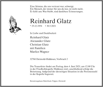 Anzeige  Reinhard Glatz  Lippische Landes-Zeitung