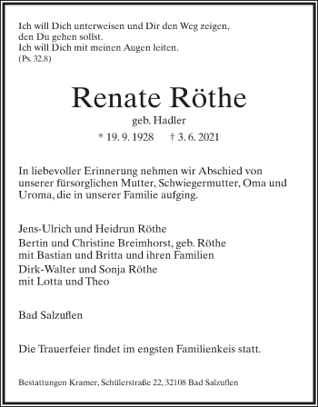 Anzeige  Renate Röthe  Lippische Landes-Zeitung