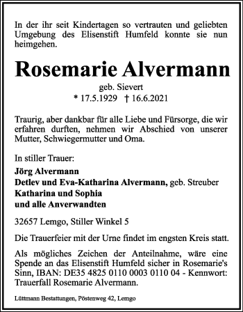Anzeige  Rosemarie Alvermann  Lippische Landes-Zeitung