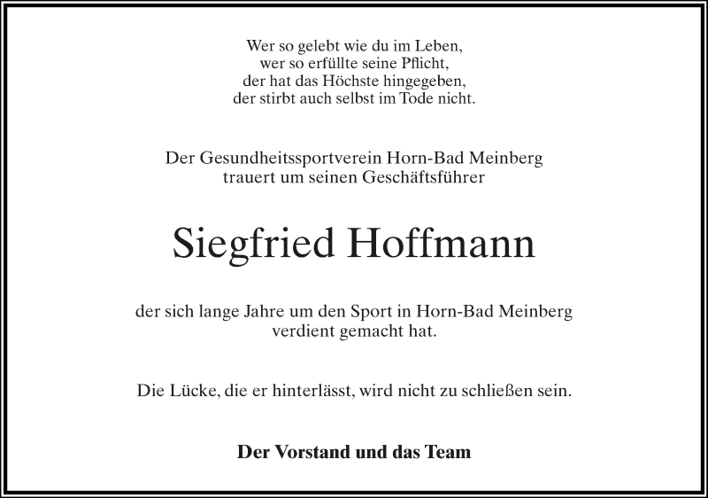  Traueranzeige für Siegfried Hoffmann vom 26.06.2021 aus Lippische Landes-Zeitung