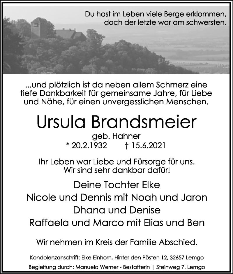  Traueranzeige für Ursula Brandsmeier vom 19.06.2021 aus Lippische Landes-Zeitung