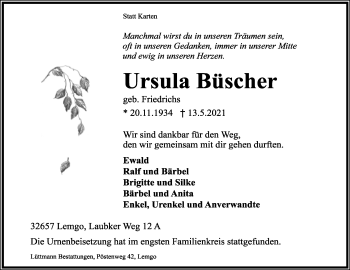 Anzeige  Ursula Büscher  Lippische Landes-Zeitung