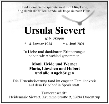Anzeige  Ursula Sievert  Lippische Landes-Zeitung
