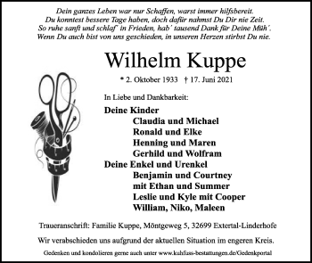 Anzeige  Wilhelm Kuppe  Lippische Landes-Zeitung