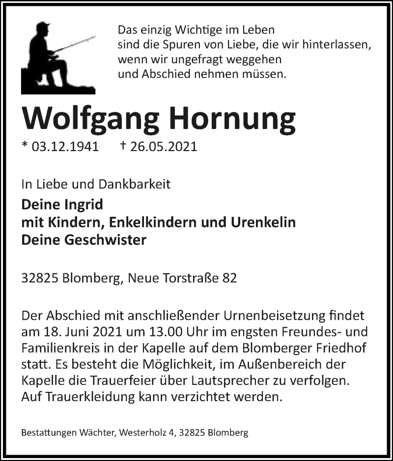  Traueranzeige für Wolfgang Hornung vom 05.06.2021 aus Lippische Landes-Zeitung
